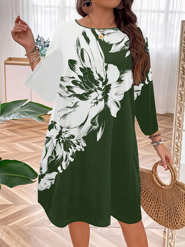 A-line Long Sleeves Flower Print Split-joint Round-neck Midi Dresses