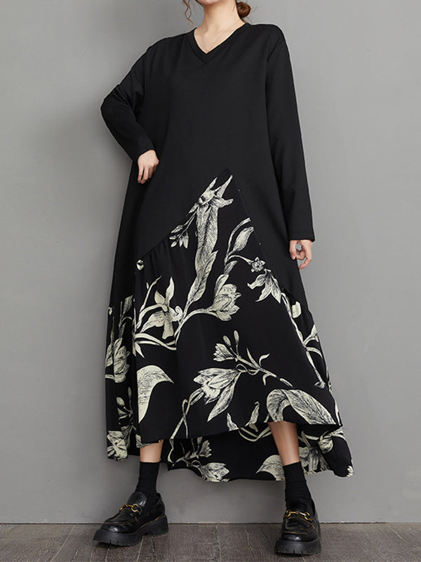 A-line High-low Asymmetric Flower Print Split-joint V-neck Midi Dresses