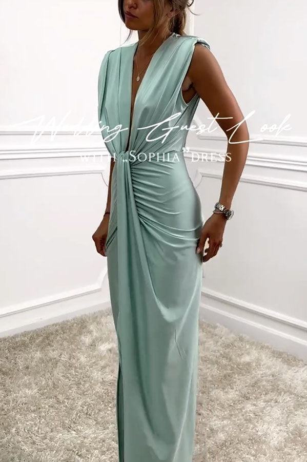 Classic and Dates V-neck Ruched Drape Slit Midi Dress