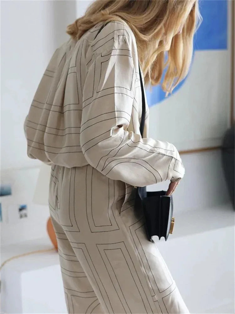 Patchwork Printed 2 Piece-set for Trousers Lapel Shirts Nightwear Slim High Waist ’s Pants Sets
