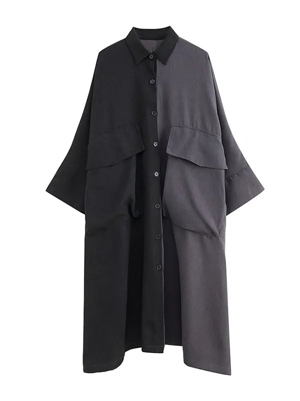 Long Sleeves Loose Buttoned Contrast Color Split-joint Lapel Collar Midi Dresses