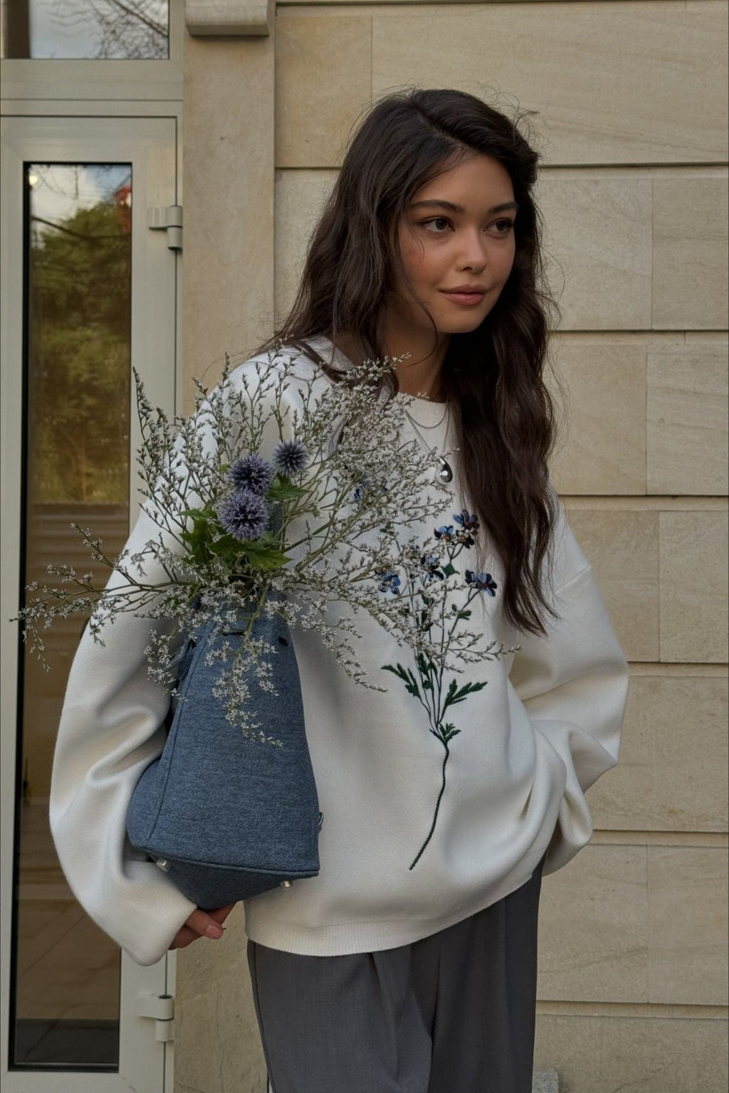 Embroidered Long Sleeve Knit Sweater