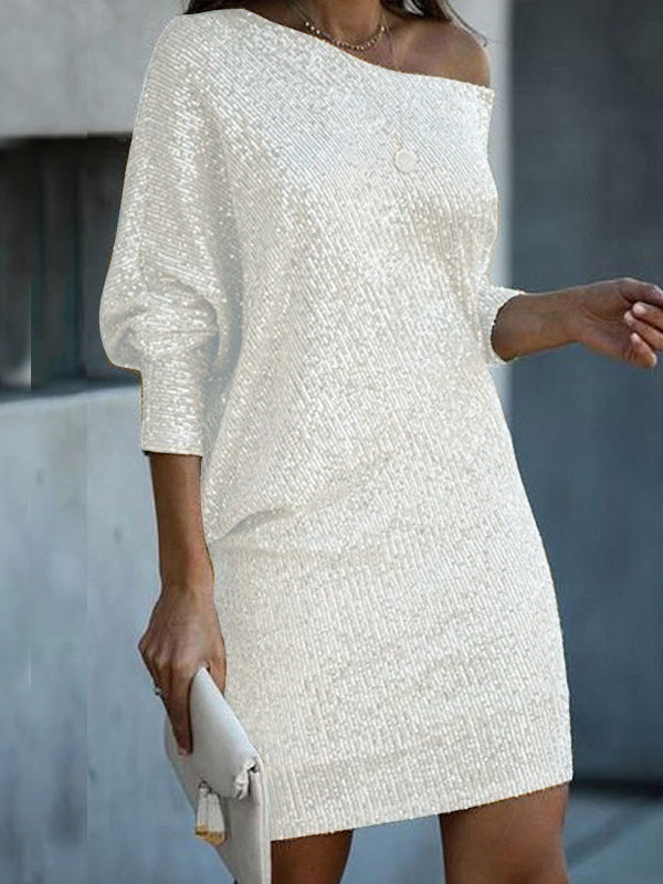 A-line Loose Asymmetric Sequined Color One-shoulder Mini Dresses