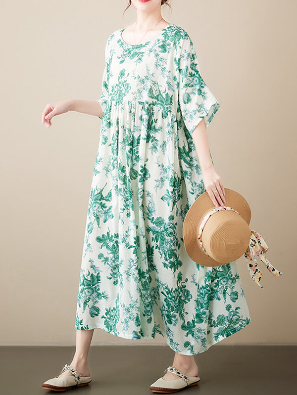 Loose Short Sleeves Printed Pleated Split-joint Round-neck Midi Dresses