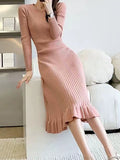 Long Sleeves Loose Ruffled Color Round-neck Midi Dresses Sweater Dresses