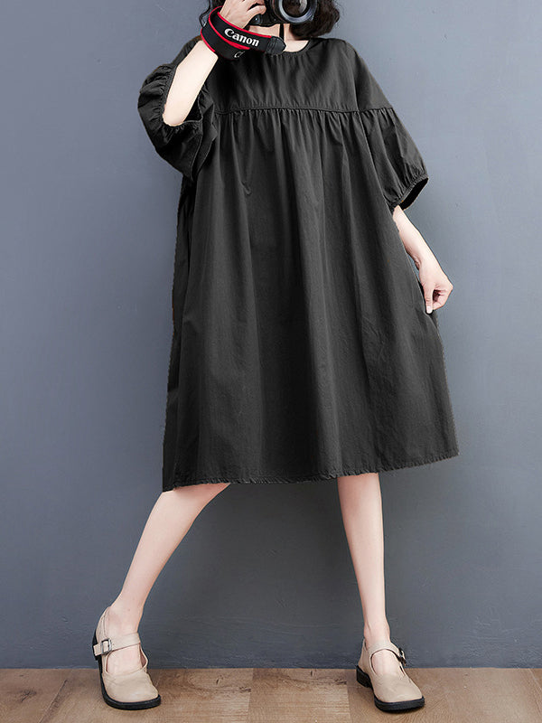Loose Short Sleeves Color Round-neck Midi Dresses