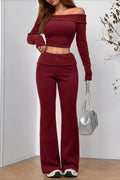 Off-shoulder Fitted Crop Top Pants Two Piece Set