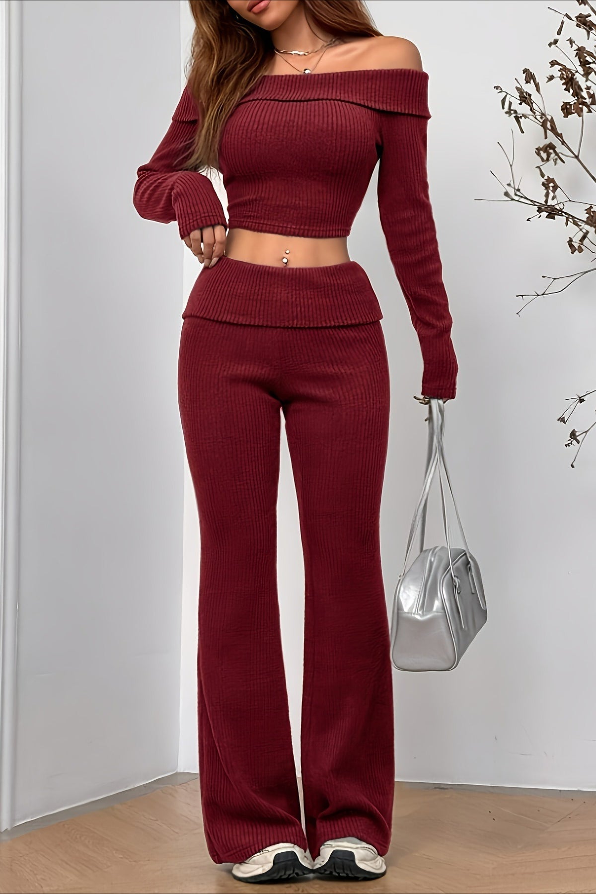 Off-shoulder Fitted Crop Top Pants Two Piece Set