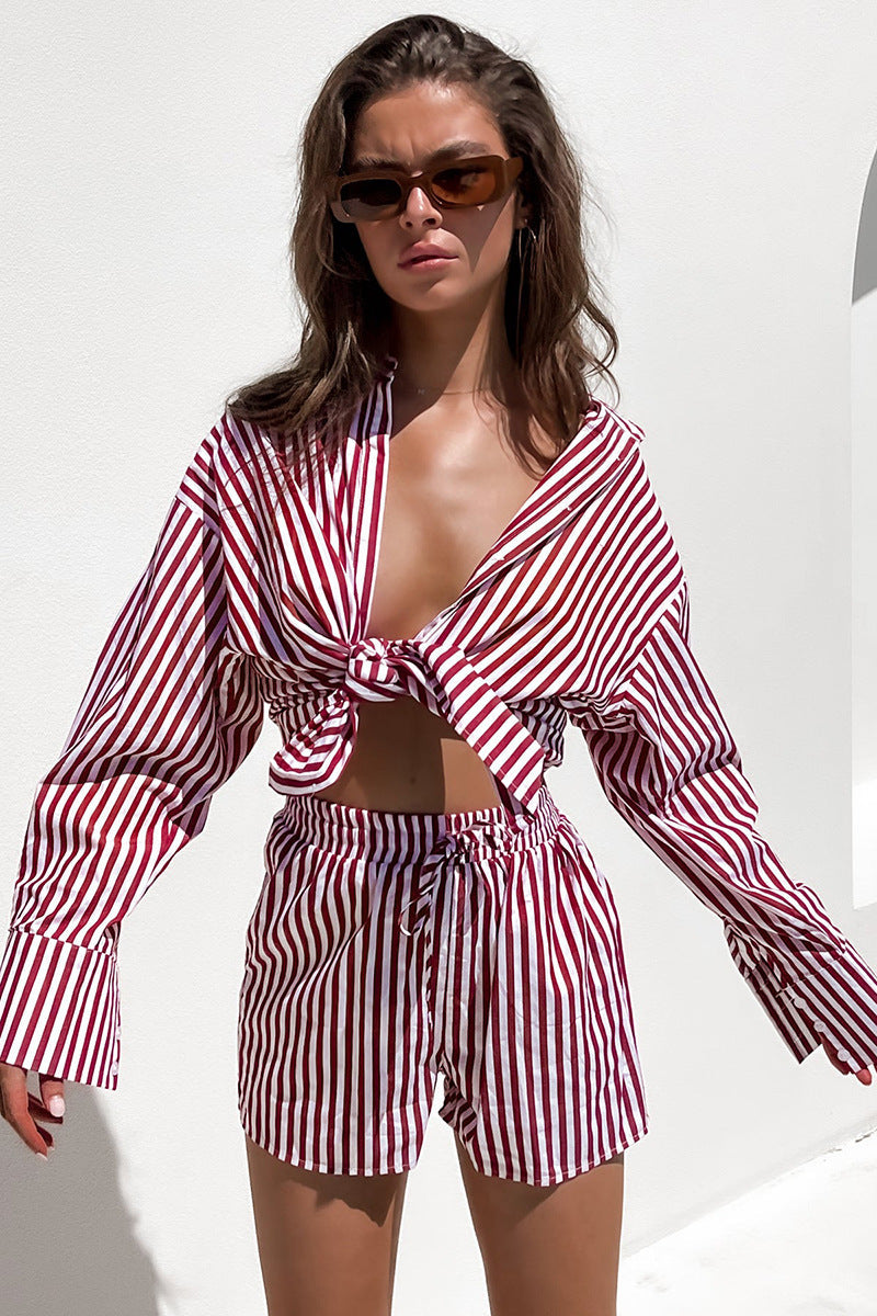Spring Summer Office Pants Suit Shirt Striped Long Sleeve Split Two-piece Set