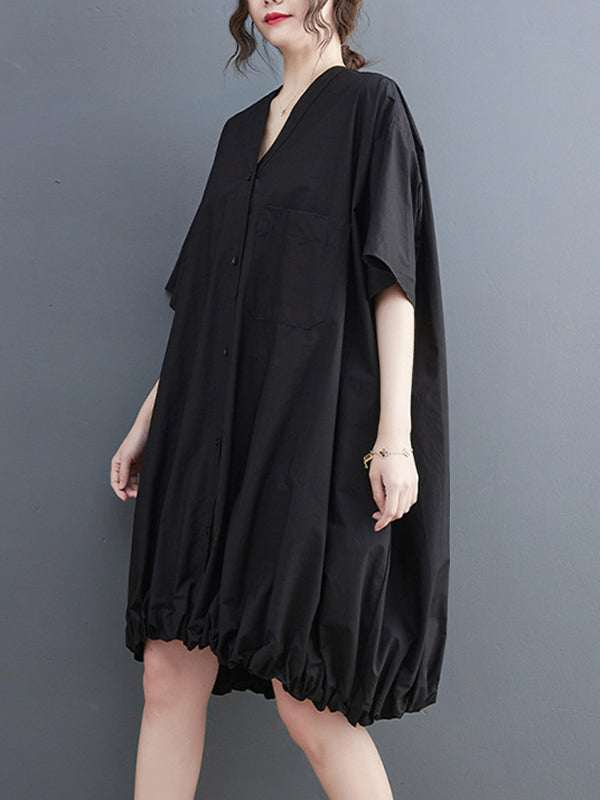 Loose Short Sleeves Color V-neck Midi Dresses