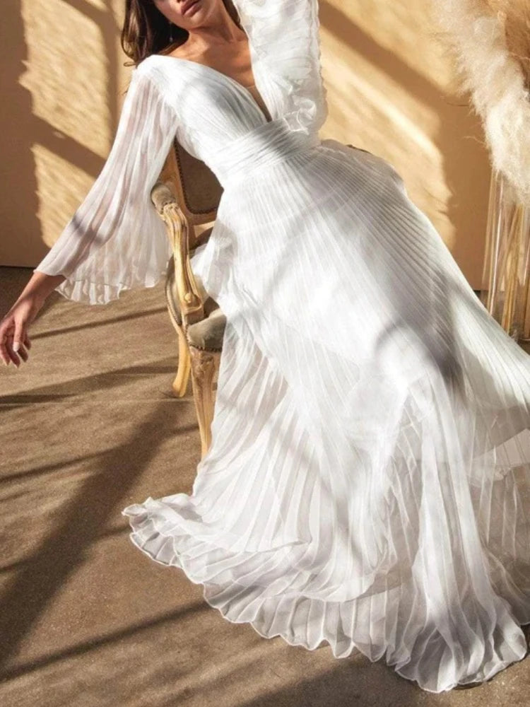 New Deep V-neck Bell Sleeves Backless Evening Dress Slim Long-sleeved Dress Long Dresses for