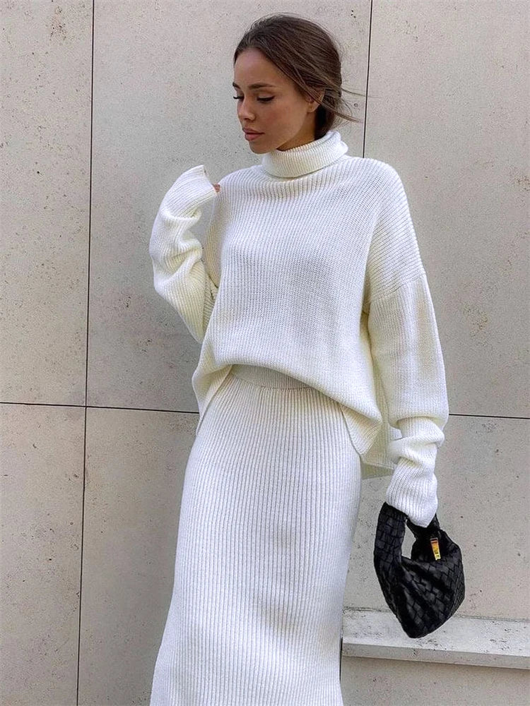 Ribbed Knit 2 Piece Dress Set Outfits Knitwear Top and Midi Skirt Sets for Winter Sweater Sets