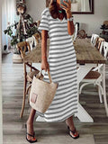 A-line Loose Printed Split-side Striped V-neck Midi Dresses