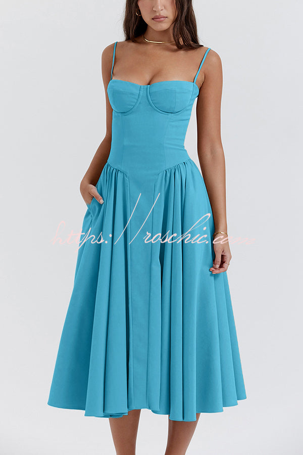 Color Slim Fit Suspender Pocket Midi Dress