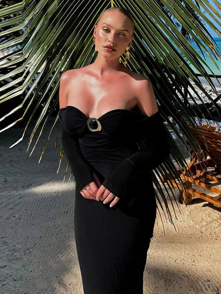 Off-shoulder Long Sleeve Maxi Dress for Autumn New Strapless Backless Bodycon Club Party Long Dress