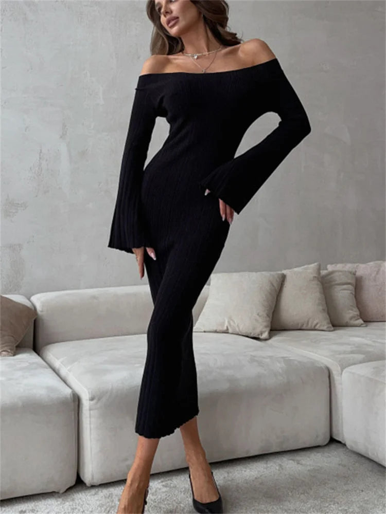 Ribbed Off-shoulder Knit Long Dress for Slim Long Sleeve High Waist Backless Dress Knitwear Loose Maxi Dress