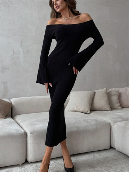 Ribbed Off-shoulder Knit Long Dress for Slim Long Sleeve High Waist Backless Dress Knitwear Loose Maxi Dress