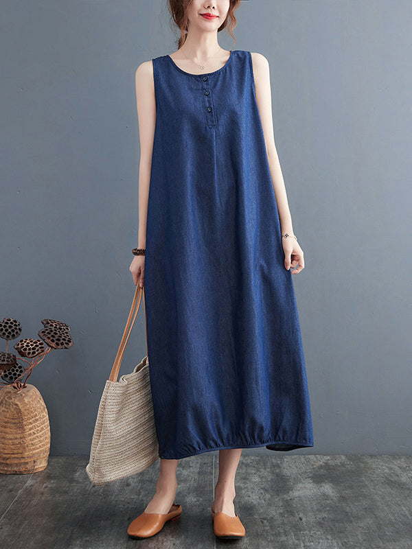 A-line Loose Buttoned Pleated Color Round-neck Midi Dresses