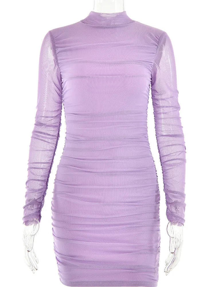 O- Neck Contrast Long Sleeve ’s Dress Party Street Stretchy Tight Ruffle Female Mini Dress Autumn New