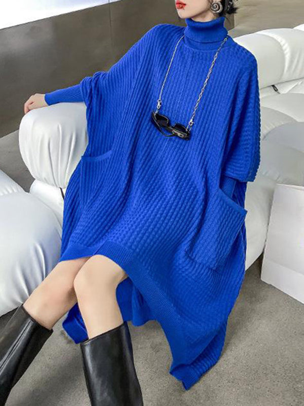 Batwing Sleeves High-low Pockets Color High-neck Midi Dresses Sweater Dresses