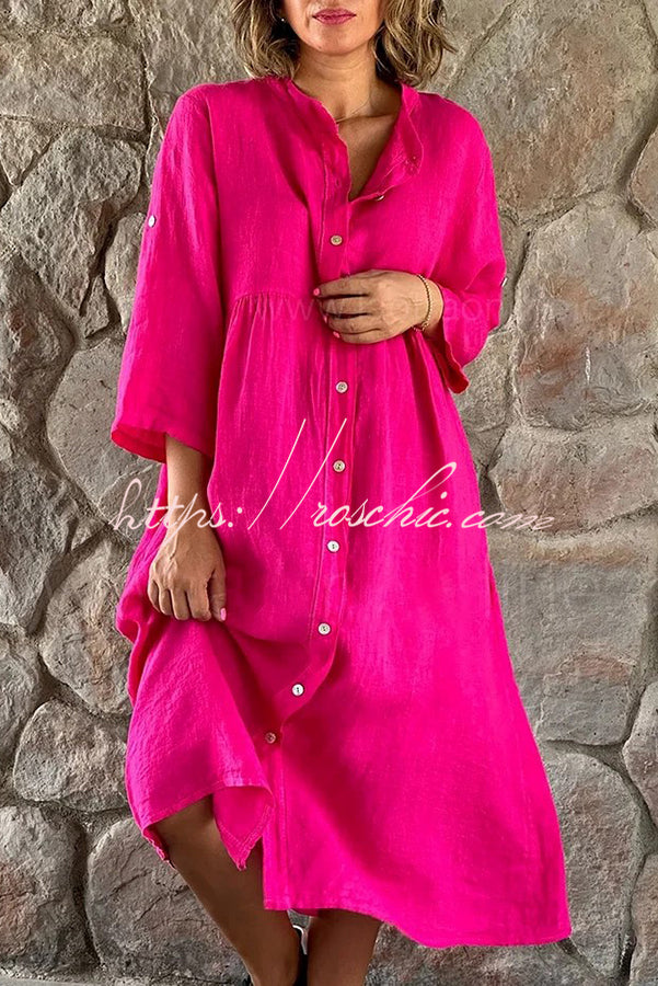 Mindful Cotton Blend Color Button Midi Dress