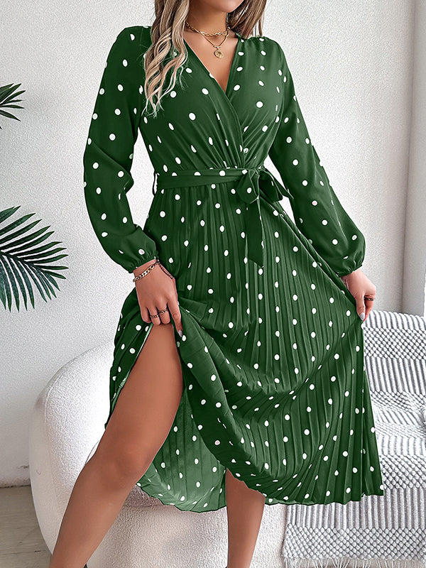 A-line High Waisted Elasticity Pleated Polka-dot Split-joint Tied Waist V-neck Midi Dresses Shirt Dress