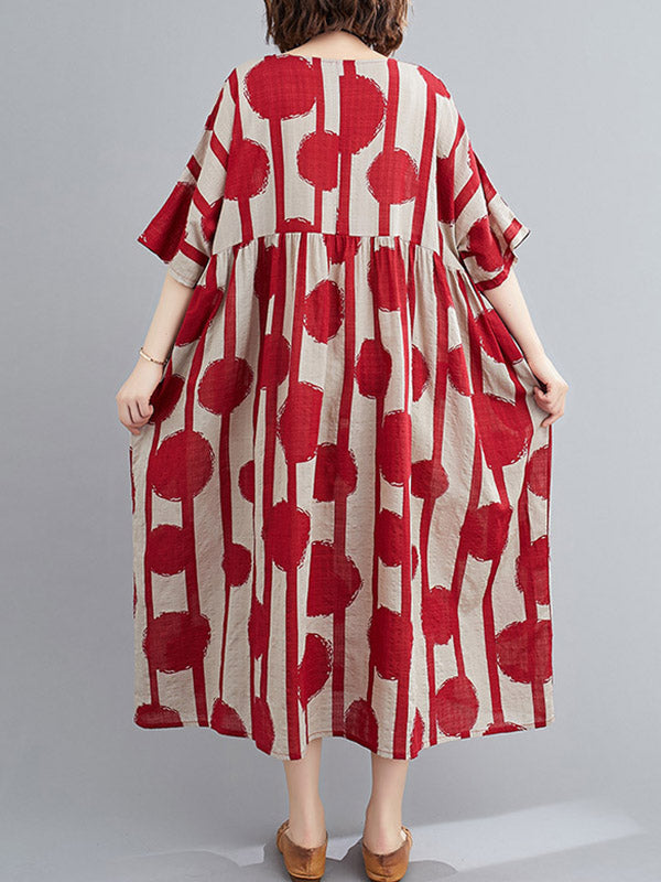 Original Polka-dot Split-joint Round-neck Midi Dress