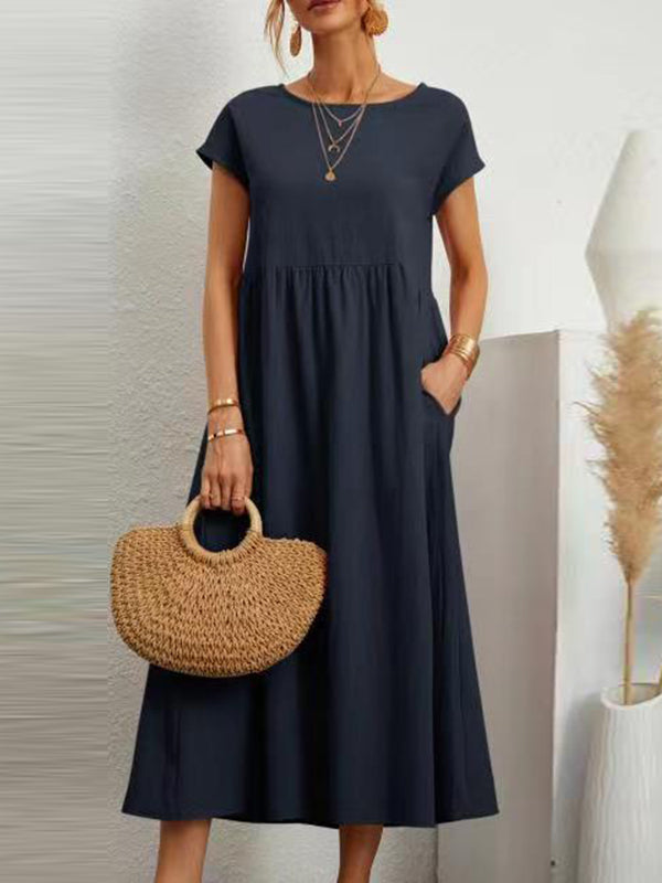 Loose Short Sleeves Pleated Color Round-neck Midi Dresses