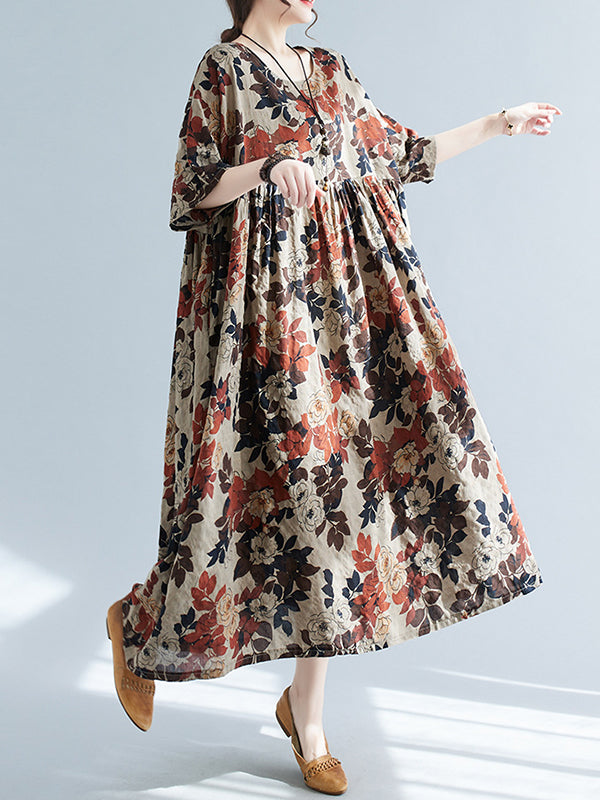 Loose Puff Sleeves Printed Round-neck Midi Dresses