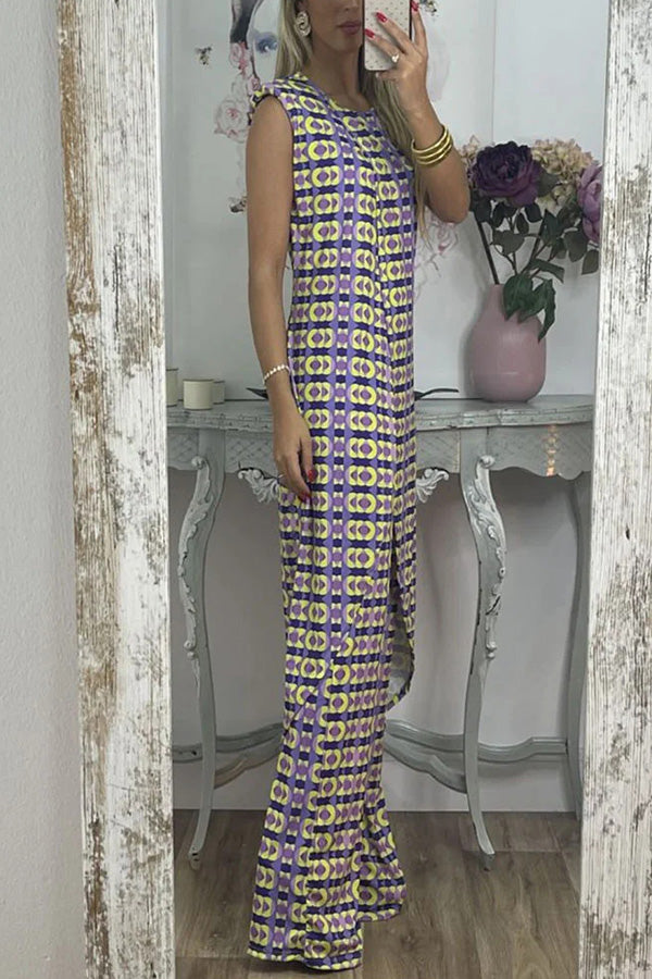 Retro Print Split Top Two-piece Set