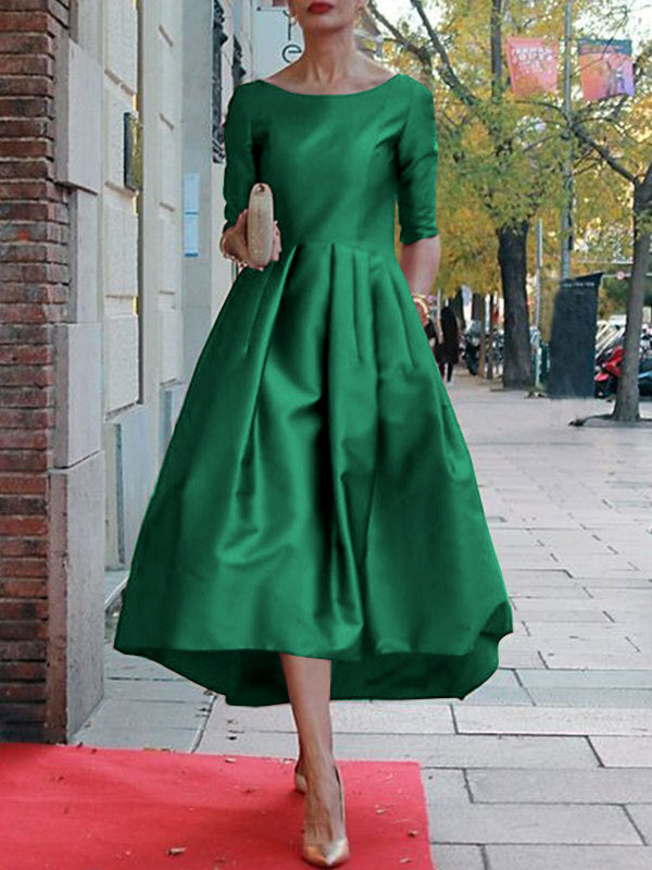 A-line Loose Pleated Pockets Color Split-joint Round-neck Midi Dresses