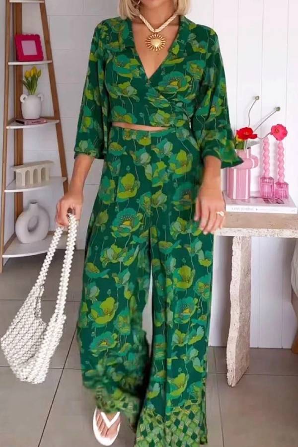 V-neck Lace-up Top & Pants Two-piece Set