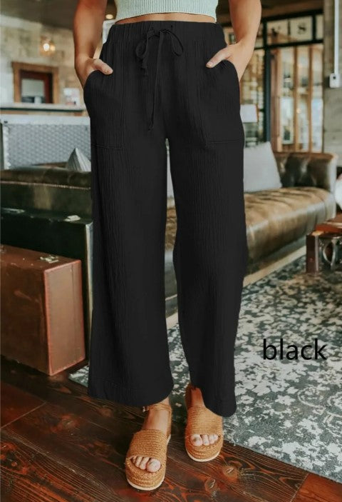 Elastic Waist Tie Wide Leg Pants
