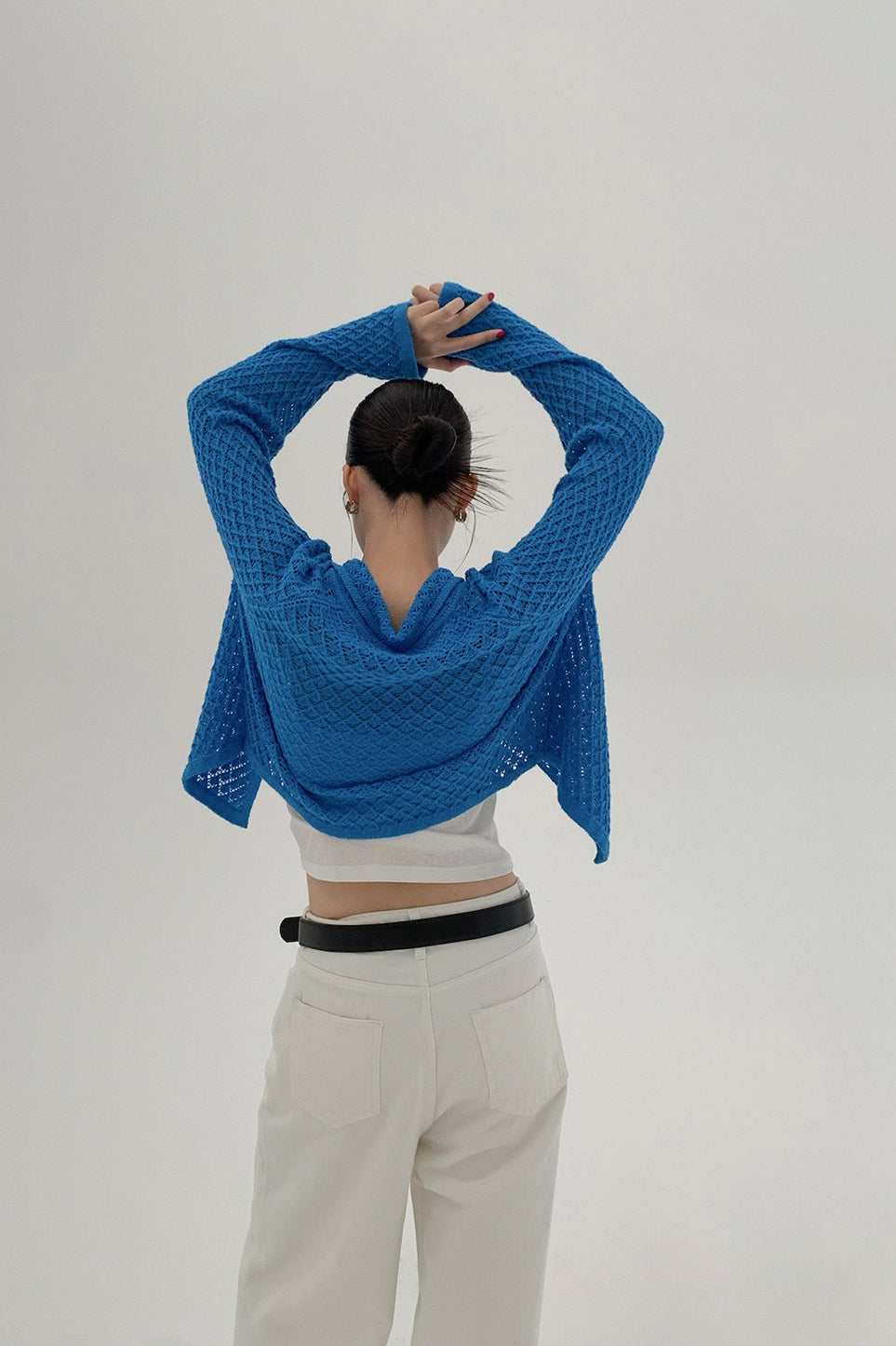 Hollow-out Collared Tie-waist Long-sleeve Short Knit Cardigan