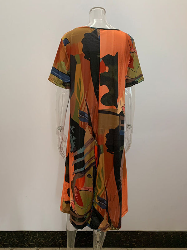 A-line Loose Printed Round-neck Midi Dresses