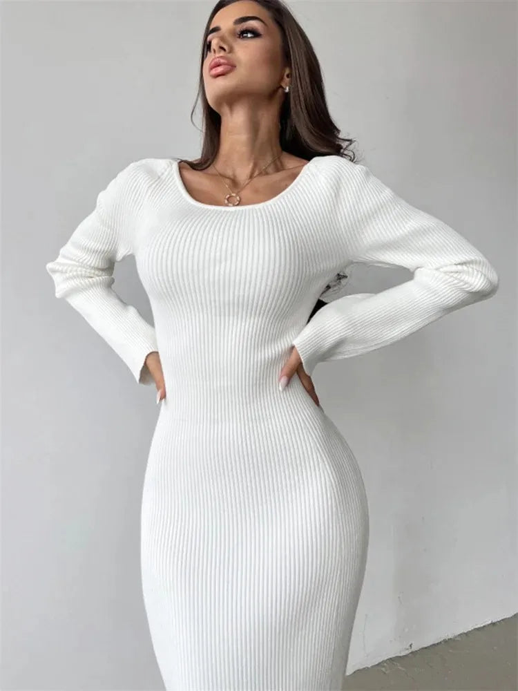 Knitwear Ribbed Hollow Out Long Dress – ’s Twist Long Sleeve Patchwork Maxi Dress