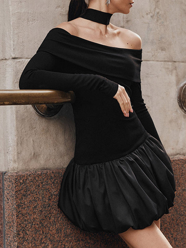 High Waisted Long Sleeves Contrast Color Pleated Split-joint Off-the-shoulder Mini Dresses