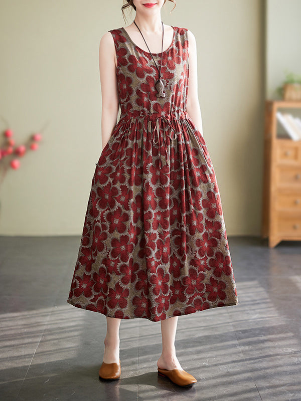 Loose Oversize Drawstring Printed Round-neck Midi Dresses