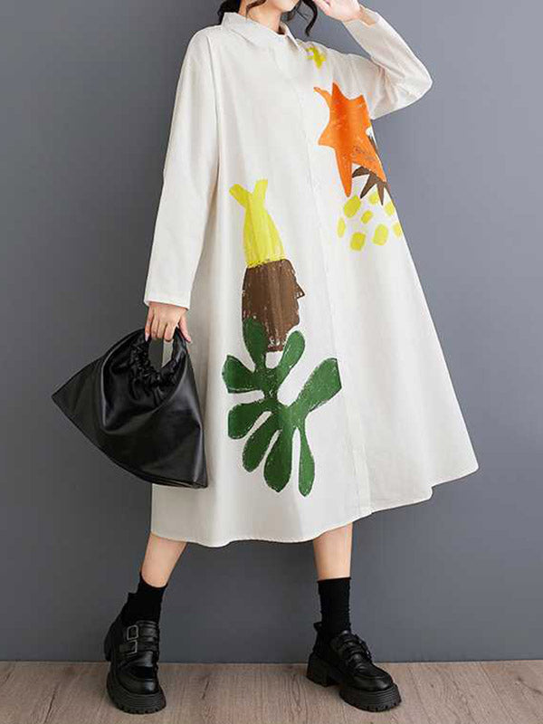 A-line Long Sleeves Buttoned Pockets Printed Split-joint Lapel Midi Dresses Shirt Dress