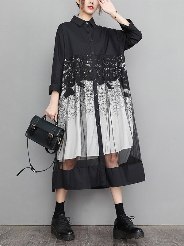 A-line Long Sleeves Buttoned Gauze Printed Split-joint Lapel Midi Dresses