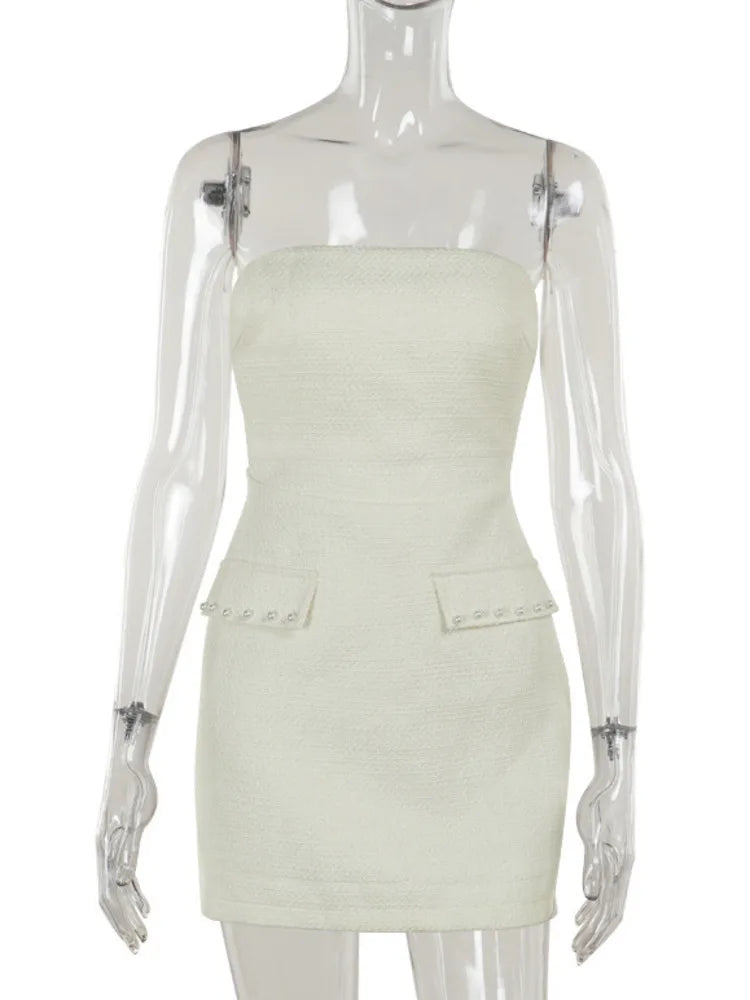 Pearl Dress Sets Autumn Long Sleeve Coat and Mini Dress Two Piece Sets Femme Strapless Dress Matching Sets
