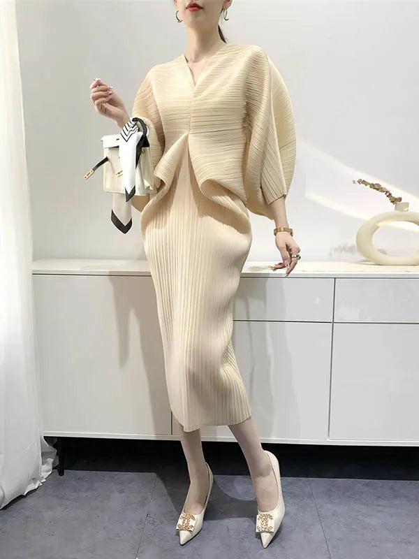 Original Creation Loose Batwing Sleeves Pleated Color V-neck Midi Dresses