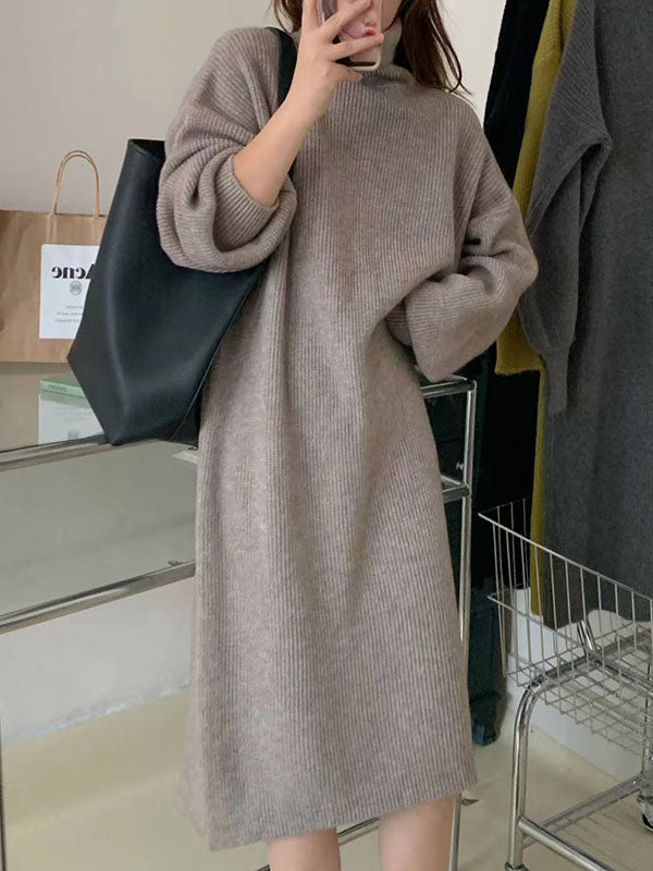 Long Sleeves Loose Color High Neck Midi Dresses Sweater Dresses