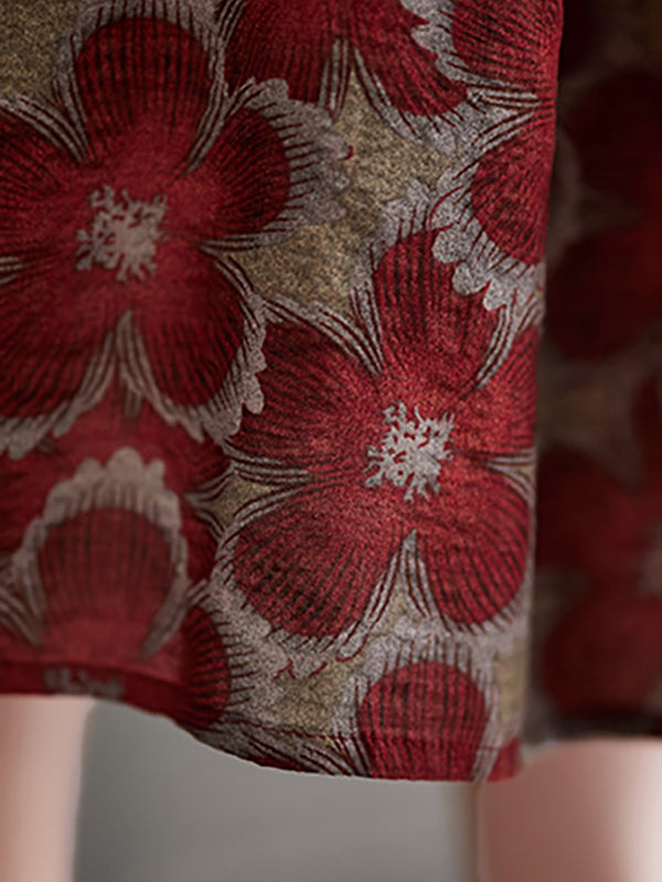 Loose Oversize Drawstring Printed Round-neck Midi Dresses