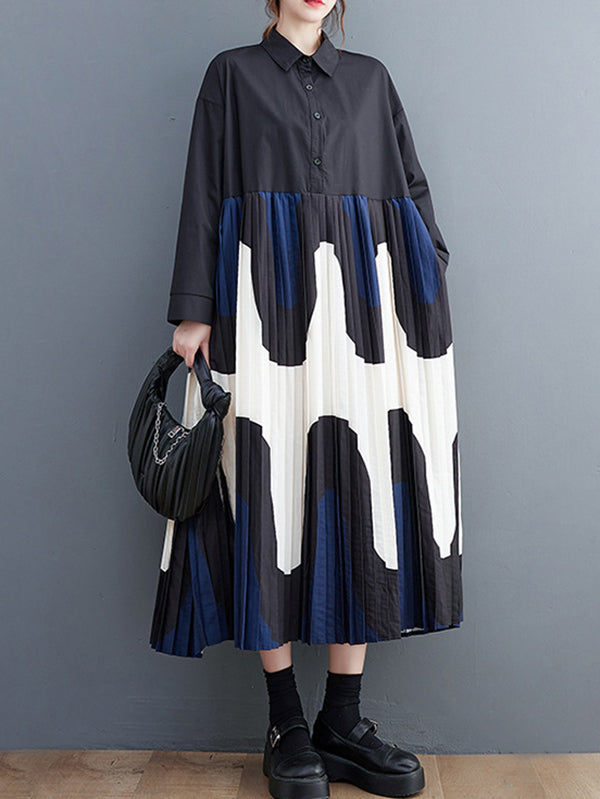 A-line Long Sleeves Contrast Color Pleated Printing Split-joint Polo Midi Dresses