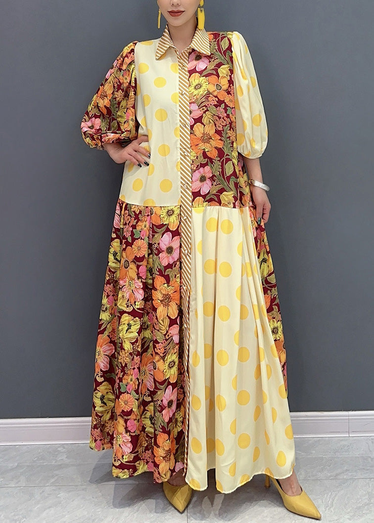 Style Green Peter Pan Collar Print Cotton Long Dress Summer Ao1049