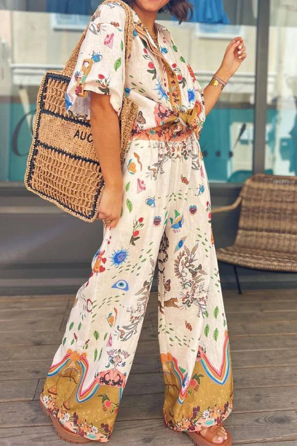 Printed Short Sleeve Shirt & Pants Two-piece Set