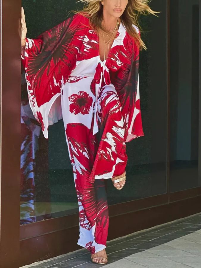 Red Hibiscus Printed Beach Garbo Cape Jumpsuit