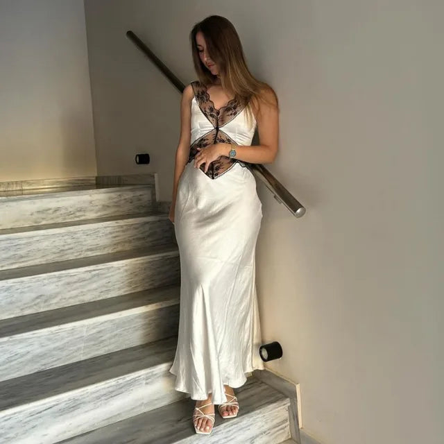 Lace Backless Hollow Maxi Dress for V Neck Patchwork Print High Waist Party Dress Female Long Dress