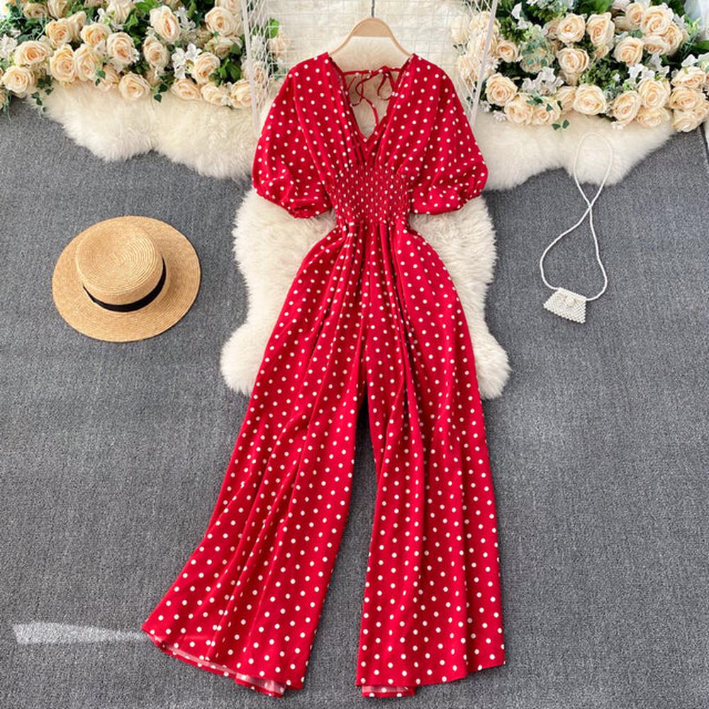 Stylish Army Green V-neck Polka Dot Puff Sleeve Wide Leg Jumpsuit